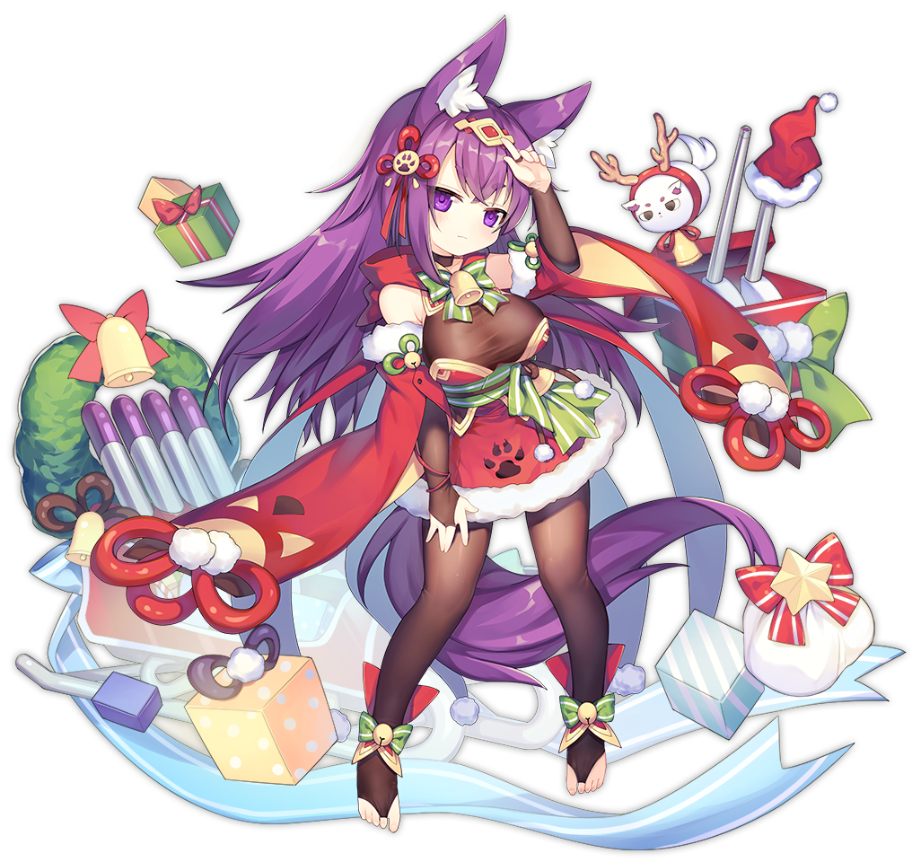 1girl animal_ears arm_up azur_lane bell black_legwear blush bow breasts christmas_wreath cleavage closed_mouth eyebrows_visible_through_hair fox_ears green_bow hat hat_removed headwear_removed large_breasts long_hair looking_at_viewer official_art pantyhose purple_hair santa_hat smile smug solo tail transparent_background urakaze_(azur_lane) utm very_long_hair violet_eyes wreath