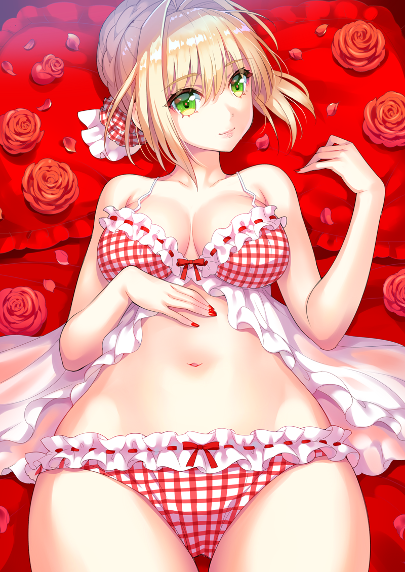 1girl ahoge babydoll bangs bare_shoulders blonde_hair blush bow bow_panties braid breasts cleavage closed_mouth commentary_request eyebrows_visible_through_hair fate/extra fate/grand_order fate_(series) flower french_braid frilled_panties frills green_eyes hair_intakes lingerie looking_at_viewer lying medium_breasts nail_polish navel nero_claudius_(fate) nero_claudius_(fate)_(all) nishimura_eri on_back panties petals red_flower red_nails red_panties red_rose ribbon-trimmed_bra ribbon-trimmed_panties ribbon_trim rose saber_extra smile solo underwear underwear_only