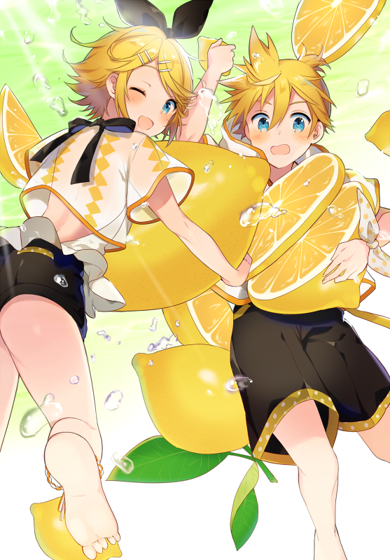 1boy 1girl ;d alternate_height argyle ass bare_arms bare_legs barefoot belt black_ribbon blonde_hair blue_eyes blush d: food fruit grabbing hair_ribbon happy kagamine_len kagamine_rin leaf lemon lemon_slice looking_at_viewer looking_back one_eye_closed open_mouth polka_dot ribbon see-through shaded_face shimada71_72 short_hair shorts smile thighs vocaloid water water_drop white_ribbon yellow_belt