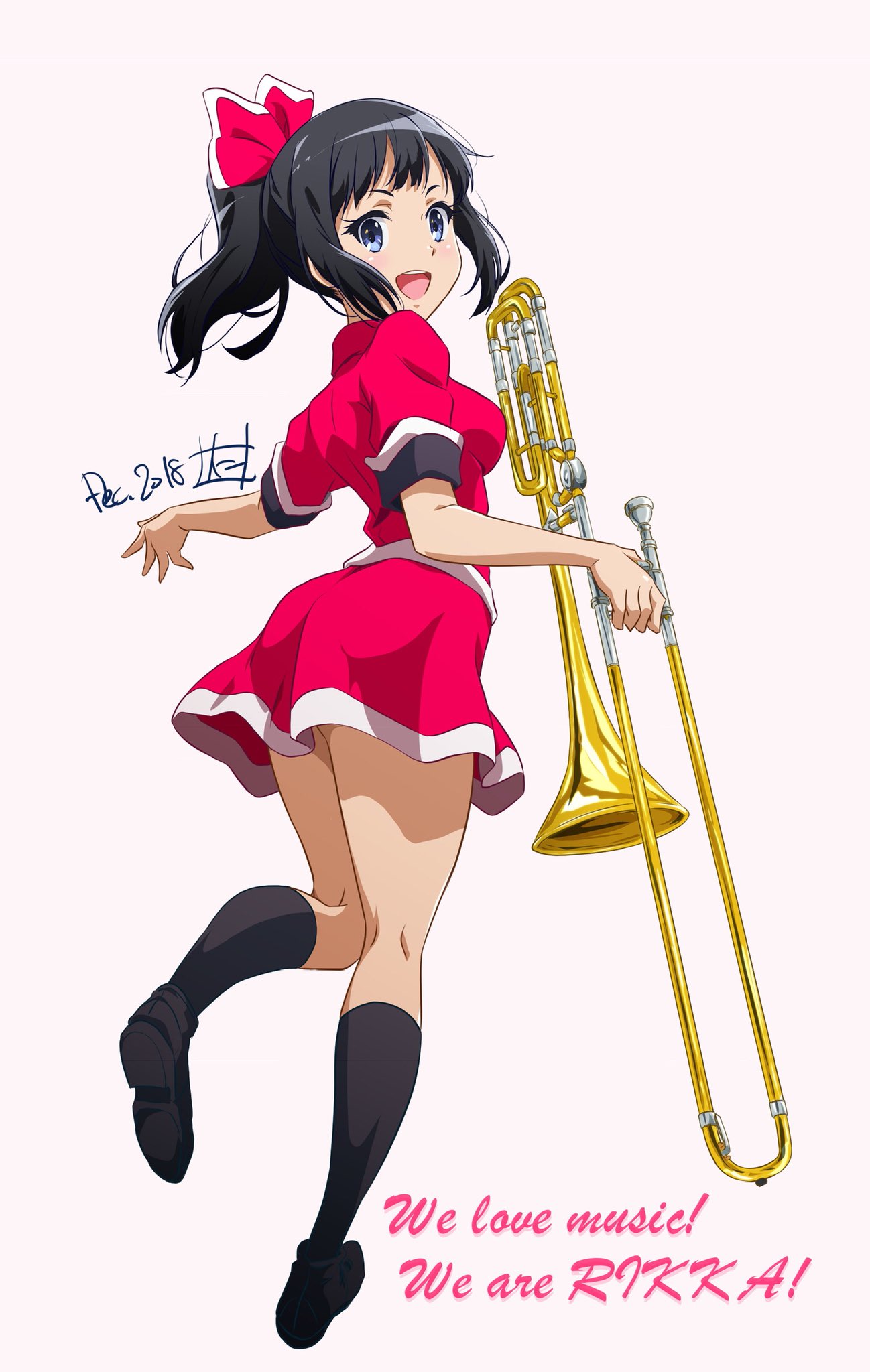 1girl 2018 :d black_footwear black_hair black_legwear blue_eyes bow breasts from_behind full_body hair_bow hibike!_euphonium highres holding holding_instrument instrument kneehighs leg_up long_hair looking_at_viewer looking_back medium_breasts miniskirt nii_manabu open_mouth ponytail red_bow red_shirt red_skirt rikka_koukou_marching_band_e_youkoso sasaki_azusa shirt short_sleeves simple_background skirt smile solo trombone white_background