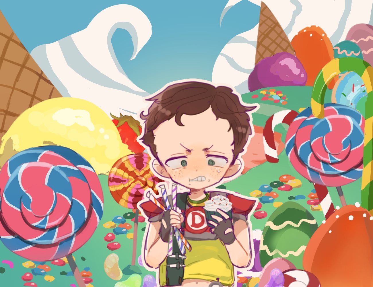 1boy brown_hair candy candy_cane cupcake food freckles gameplay_mechanics green_eyes ice_cream jelly_bean lollipop nojiko_(natumag) scott_malkinson short_hair shoulder_pads solo south_park south_park:_the_fractured_but_whole swirl_lollipop symbol-shaped_pupils