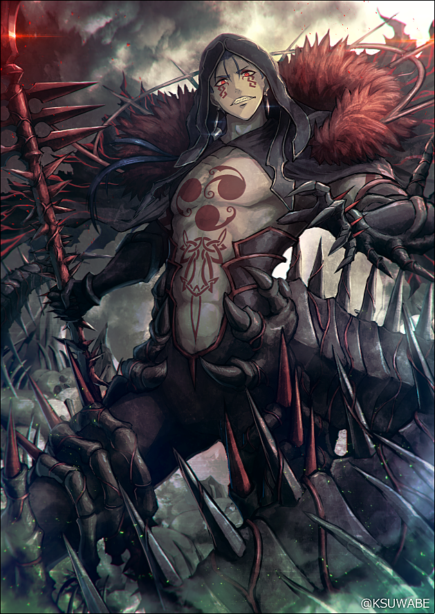 1boy abs bare_chest chest_tattoo clenched_teeth commentary_request cu_chulainn_alter_(fate/grand_order) facial_tattoo fate/grand_order fate_(series) feather_trim holding holding_spear holding_weapon hood hood_up kei-suwabe lancer looking_at_viewer pants polearm shoulder_spikes solo spear spiked_tail spikes standing tail tattoo teeth twitter_username weapon
