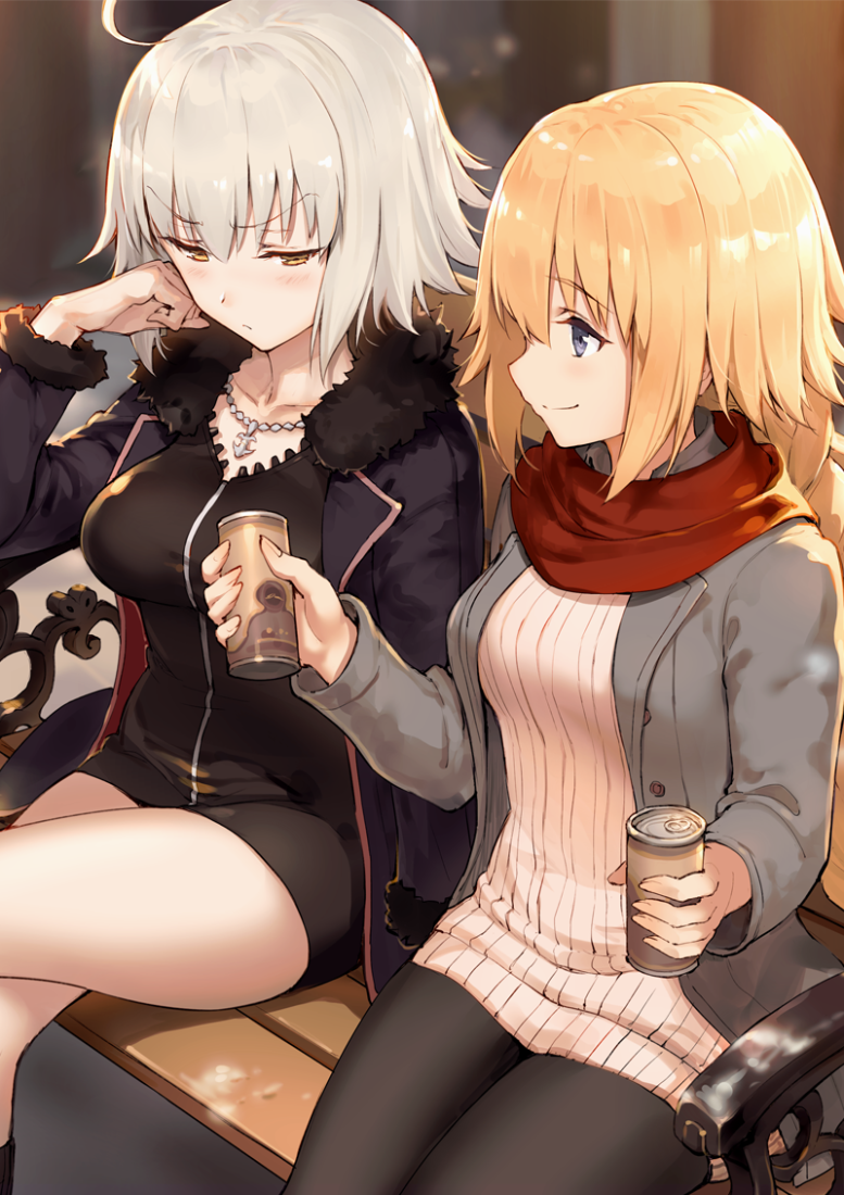2girls ahoge bangs bench black_coat black_dress black_legwear blonde_hair blue_eyes blush braid breasts buttons can closed_mouth coat collarbone commentary_request dress drink eyebrows_visible_through_hair fate/grand_order fate_(series) frown fur-trimmed_coat fur_trim grey_coat hair_between_eyes half-closed_eyes haoni holding holding_can jeanne_d'arc_(alter)_(fate) jeanne_d'arc_(fate) jeanne_d'arc_(fate)_(all) jewelry large_breasts legs_crossed long_hair long_sleeves looking_at_another looking_down multiple_girls necklace open_clothes open_coat pantyhose park_bench red_scarf ribbed_sweater scarf short_hair sidelocks silver_hair single_braid sitting smile sweater sweater_dress v-shaped_eyebrows white_sweater wing_collar yellow_eyes zipper