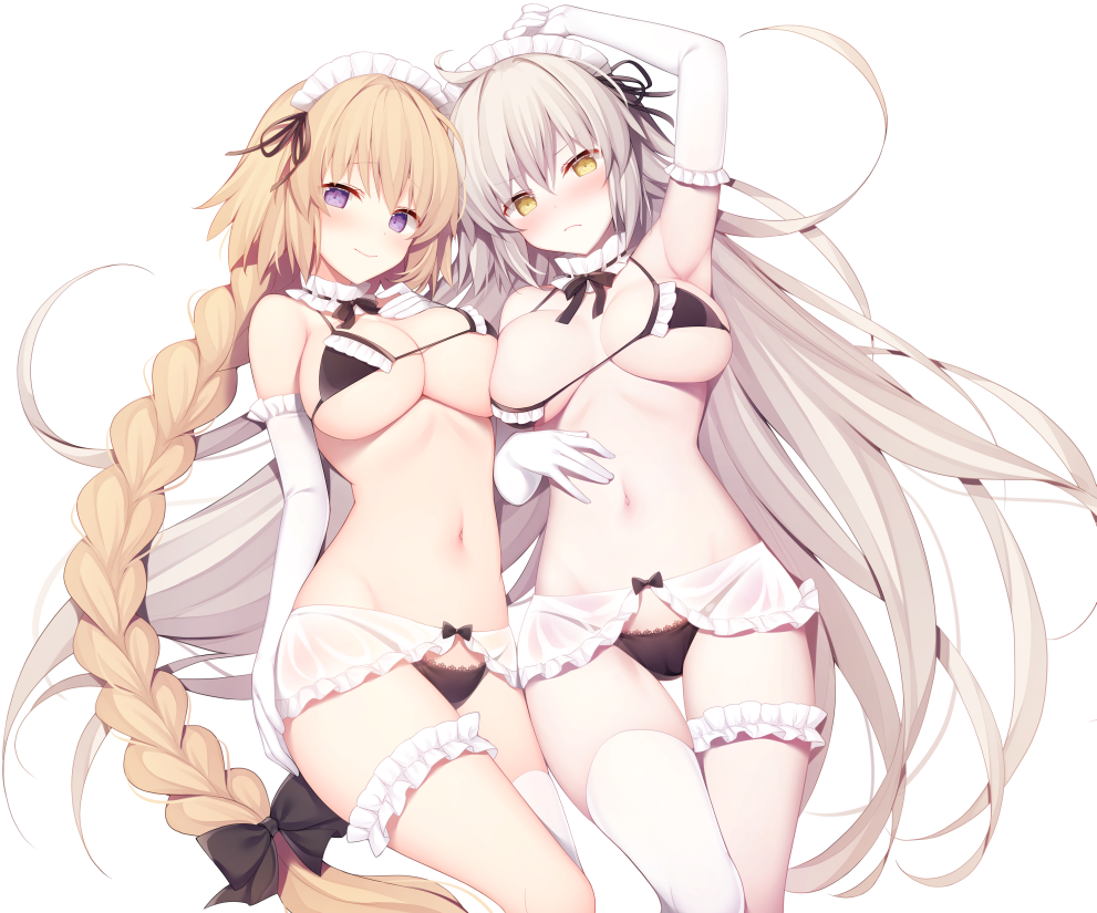 2girls ahoge arm_up asymmetrical_docking bangs black_bow black_bra black_panties blonde_hair blush bow bra braid breast_press breast_suppress breasts cleavage closed_mouth commentary_request detached_collar elbow_gloves eyebrows_visible_through_hair fate/apocrypha fate/grand_order fate_(series) frilled_gloves frills gloves hair_bow hand_on_own_stomach hand_on_own_thigh jeanne_d'arc_(alter)_(fate) jeanne_d'arc_(fate) jeanne_d'arc_(fate)_(all) large_breasts leg_garter long_hair looking_at_viewer lying maid_headdress miko_92 multiple_girls navel on_back panties sidelocks silver_hair simple_background single_braid single_thighhigh smile stomach thigh-highs underwear very_long_hair violet_eyes white_background white_gloves white_legwear yellow_eyes