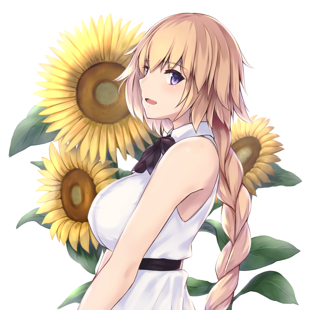 1girl :d armpit_crease bangs bare_arms bare_shoulders belt black_neckwear blonde_hair bow bowtie braid breasts collared_shirt commentary_request enchuu eyebrows_visible_through_hair fate/grand_order fate_(series) flower from_side jeanne_d'arc_(fate) jeanne_d'arc_(fate)_(all) large_breasts long_hair looking_at_viewer looking_to_the_side open_mouth shirt sidelocks single_braid sleeveless sleeveless_shirt smile solo sunflower upper_body v_arms violet_eyes white_background white_shirt