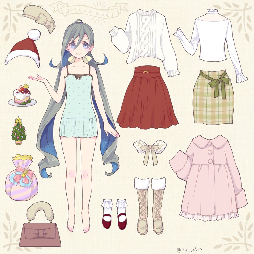 1girl ahoge bag barefoot beige_footwear blouse boots cake camisole christmas_tree clothes colis commentary cross-laced_footwear dress food french frilled_legwear full_body grey_eyes grey_hair hair_between_eyes hair_ribbon hat kantai_collection kiyoshimo_(kantai_collection) lace-up_boots long_hair looking_at_viewer low_twintails paper_doll pencil_skirt pink_dress plaid plaid_skirt red_footwear ribbon santa_hat skirt socks solo standing sweater twintails twitter_username very_long_hair white_blouse white_hat white_legwear white_sweater