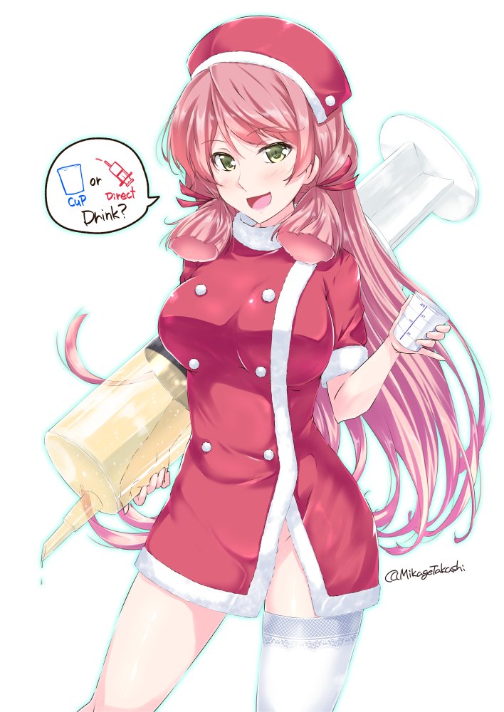 1girl akashi_(kantai_collection) alternate_costume blush breasts cup dress english groin hat kantai_collection large_breasts long_hair looking_at_viewer mikage_takashi no_panties nurse_cap open_mouth oversized_object pink_hair red_dress santa_costume sidelocks single_thighhigh smile solo syringe thigh-highs white_legwear