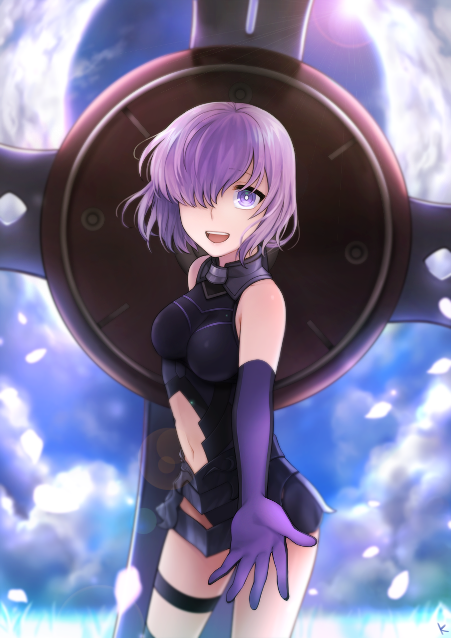 1girl :d armored_leotard black_leotard breasts clouds elbow_gloves fate/grand_order fate_(series) gloves hair_over_breasts highres kkkok_a lens_flare leotard looking_at_viewer mash_kyrielight medium_breasts midriff navel navel_cutout open_mouth outdoors outstretched_arm petals pixiv_fate/grand_order_contest_1 purple_gloves purple_hair short_hair smile solo standing stomach thigh_strap violet_eyes