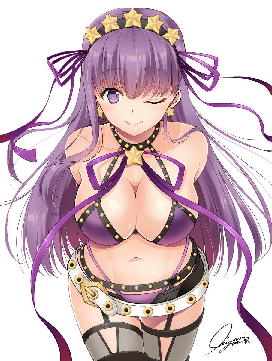1girl arms_behind_back bangs bare_shoulders bb_(fate)_(all) bb_(swimsuit_mooncancer)_(fate) belt belt_buckle bikini black_legwear black_shorts blush breasts buckle cleavage closed_mouth collarbone commentary_request cowboy_shot earrings eyebrows_visible_through_hair fate/grand_order fate_(series) garter_straps hair_ribbon hairband halterneck highleg highleg_bikini highres ishigami_kazui jewelry large_breasts leaning_forward long_hair looking_at_viewer micro_shorts navel neck_ribbon one_eye_closed open_fly purple_bikini purple_hair purple_neckwear purple_ribbon ribbon shorts signature simple_background smile solo star star_earrings stomach swimsuit thigh-highs very_long_hair violet_eyes white_background
