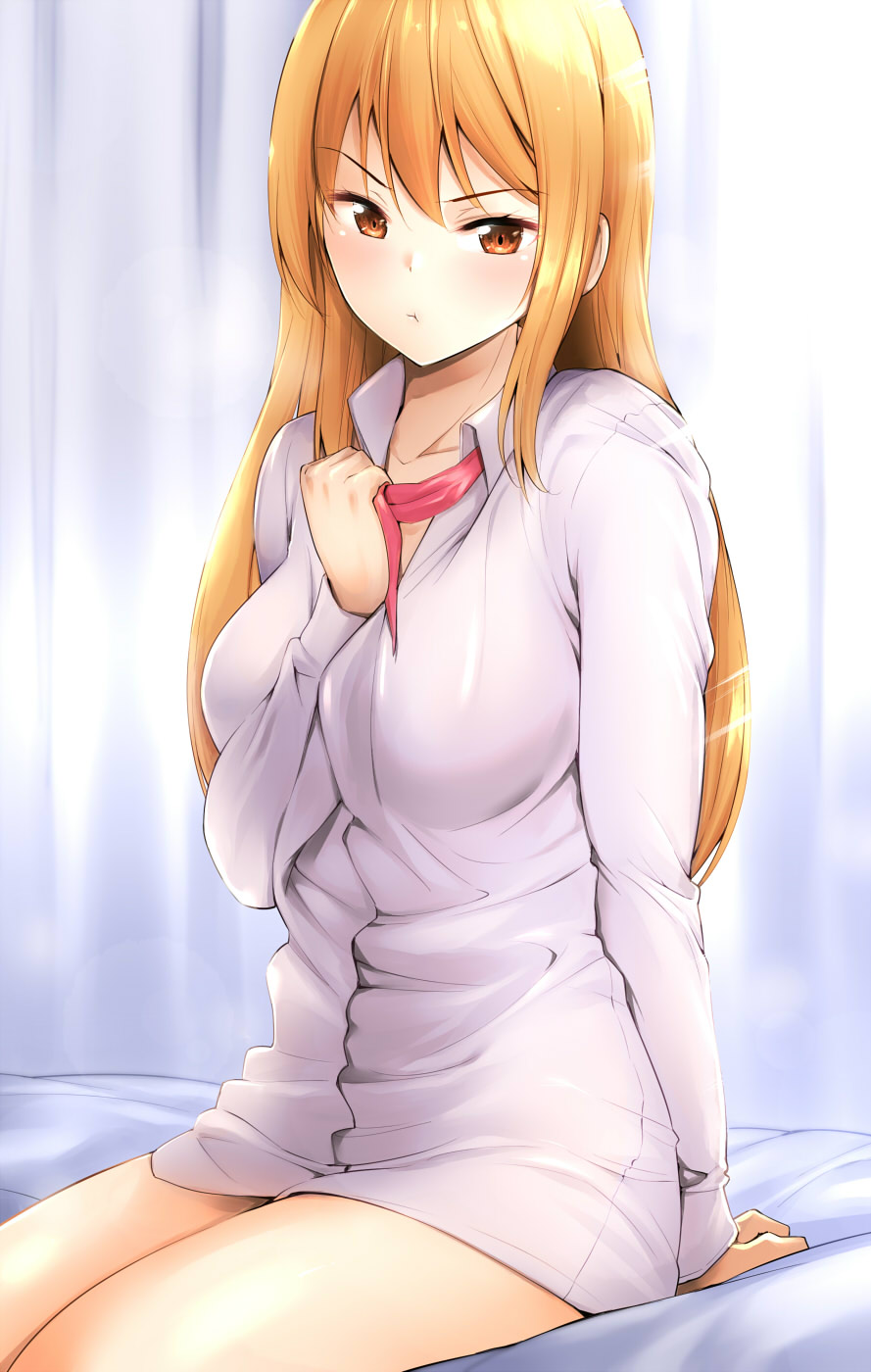 1girl :t amasora_taichi arm_support bangs bed_sheet blonde_hair blush breasts brown_eyes closed_mouth collarbone collared_shirt commentary_request curtains eyebrows_visible_through_hair hair_between_eyes hand_up head_tilt highres long_hair long_sleeves looking_at_viewer medium_breasts original pout shirt sitting sleeves_past_wrists solo very_long_hair white_shirt