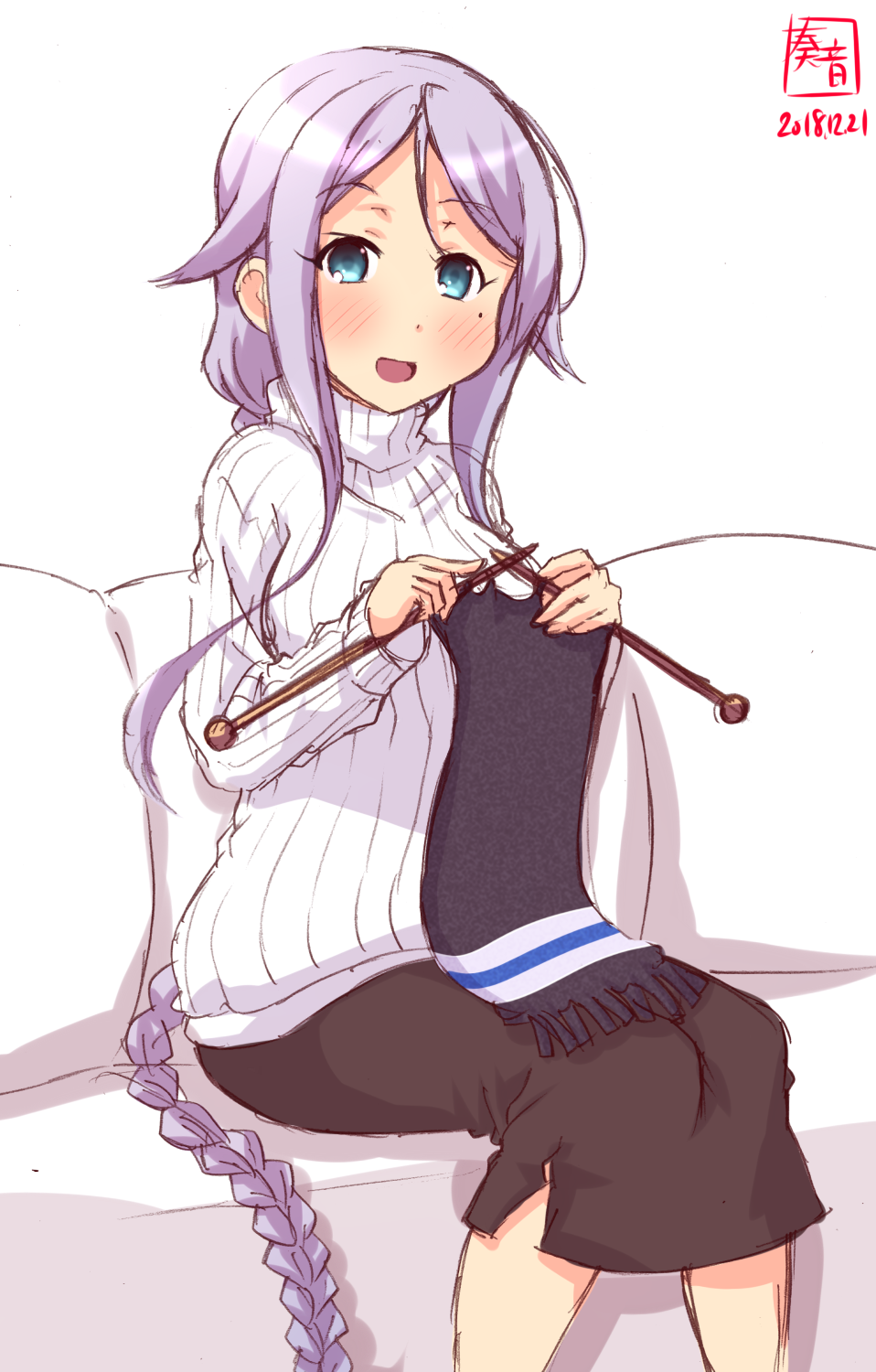 1girl alternate_costume artist_logo black_skirt blue_eyes blush braid breasts couch cowboy_shot dated eyebrows_visible_through_hair hair_between_eyes hair_flaps hair_over_shoulder highres kanon_(kurogane_knights) kantai_collection knitting knitting_needle long_hair long_skirt long_sleeves looking_at_viewer medium_breasts mole mole_under_eye needle open_mouth ribbed_sweater scarf signature silver_hair simple_background sitting skirt smile solo sweater turtleneck umikaze_(kantai_collection) very_long_hair white_background white_sweater yarn yarn_ball