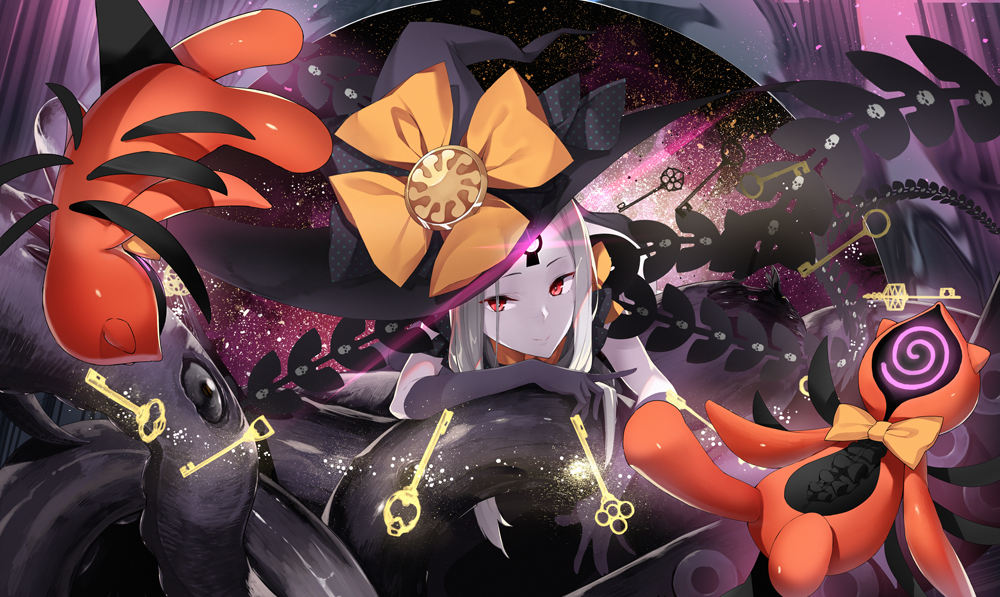 abigail_williams_(fate/grand_order) bangs black_dress black_gloves black_hat blue_eyes bow closed_mouth dress elbow_gloves fate/grand_order fate_(series) furisuku gloves glowing hat hat_bow key keyhole light_particles long_hair orange_bow parted_bangs red_eyes smile stuffed_toy tentacle very_long_hair white_hair white_skin witch_hat
