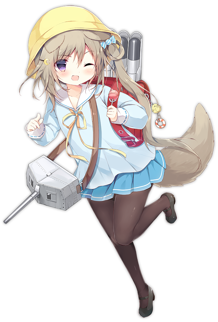 1girl animal_ears artist_request azur_lane backpack bag blue_skirt blush bow brown_hair brown_legwear candy character_request collarbone crescent crescent_hair_ornament dog_ears dog_tail food full_body hair_bow hair_ornament hairclip holding_lollipop keychain lollipop long_hair long_sleeves looking_at_viewer official_art one_eye_closed open_mouth pantyhose pointing pointing_at_viewer randoseru skirt smile solo tail torpedo transparent_background violet_eyes