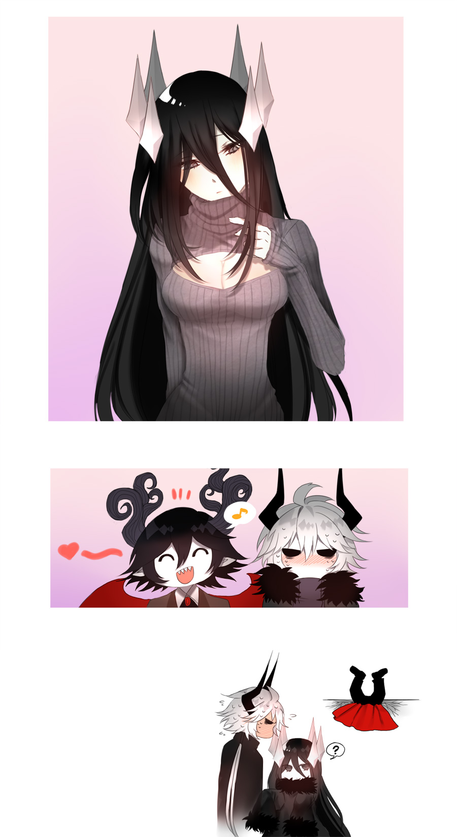/\/\/\ 1girl 2boys 3koma :/ :d ? ^_^ ahoge arukiyuusei black_eyes black_hair blush breasts character_request cleavage cleavage_cutout closed_eyes closed_mouth comic demon_horns demon_wings eighth_note etihw flying_sweatdrops full-face_blush grey_sweater haiiro_teien hair_between_eyes heart highres horns kcalb large_breasts long_hair meme_attire multiple_boys musical_note nose_blush open-chest_sweater open_mouth profile ribbed_sweater sharp_teeth smile spoken_musical_note spoken_question_mark sweater teeth turtleneck turtleneck_sweater very_long_hair white_hair white_skin wings