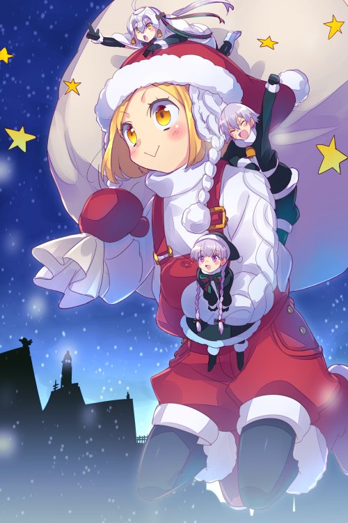 :&gt; blonde_hair braid cis05 fate/grand_order fate_(series) giantess jack_the_ripper_(fate/apocrypha) jeanne_d'arc_(fate)_(all) jeanne_d'arc_alter_santa_lily night nursery_rhyme_(fate/extra) on_head overalls paul_bunyan_(fate/grand_order) pointing pointing_forward sack santa_costume star twin_braids violet_eyes white_hair yellow_eyes