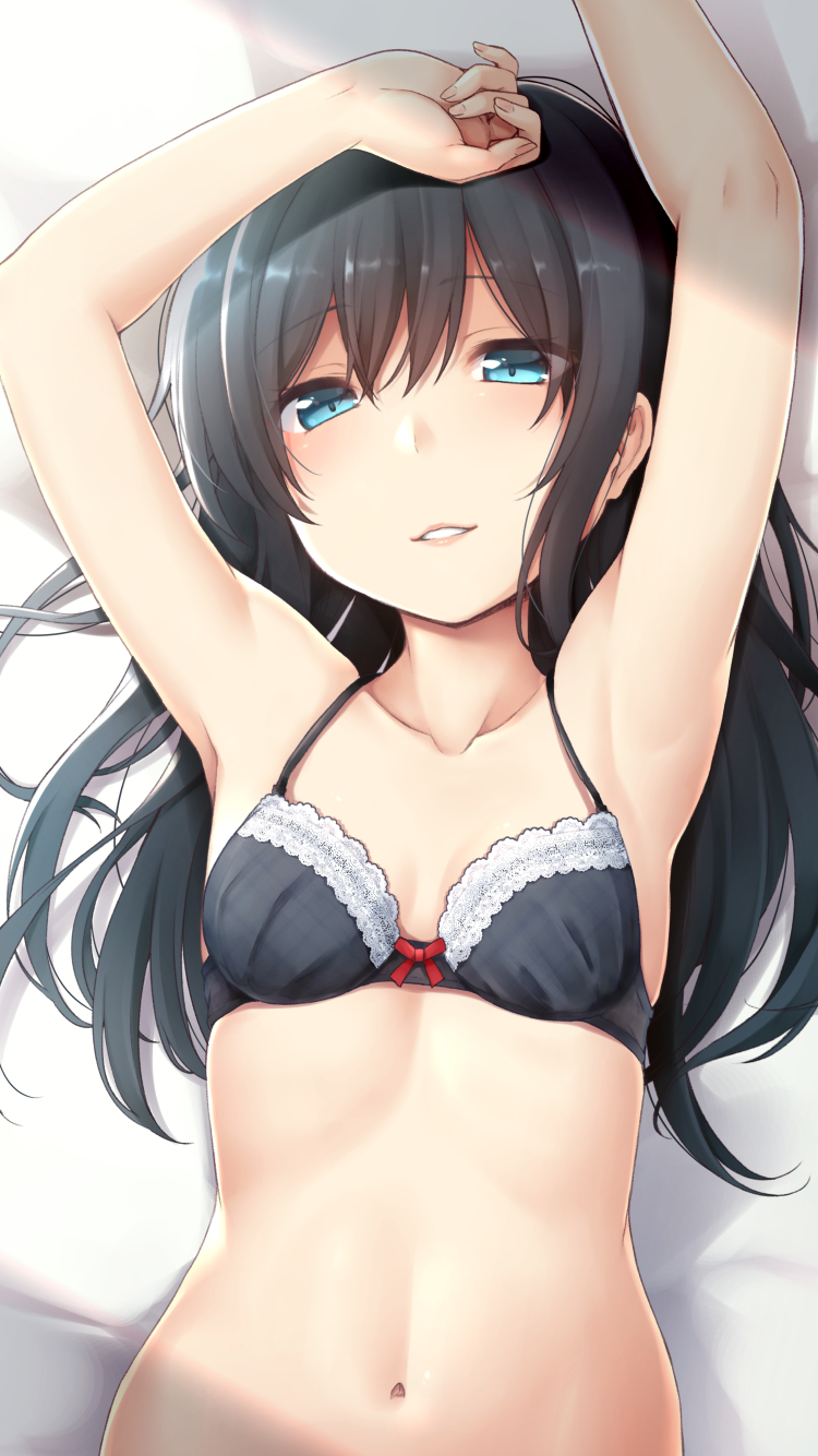 1girl armpits arms_up asashio_(kantai_collection) bangs bare_arms bare_shoulders bed_sheet black_bra black_hair blue_eyes blush bow bow_bra bra breasts collarbone commentary_request eyebrows_visible_through_hair fingernails hair_between_eyes highres kantai_collection long_hair lying nagami_yuu navel on_back parted_lips small_breasts smile solo underwear underwear_only upper_body very_long_hair