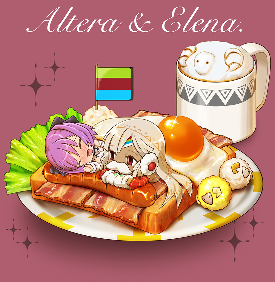 2girls ^_^ altera_(fate) altera_the_santa bacon bare_shoulders black_hat blush chaki_(teasets) chibi closed_eyes closed_eyes dark_skin detached_sleeves dress earmuffs egg fate/grand_order fate_(series) food hat helena_blavatsky_(fate/grand_order) mittens multiple_girls open_mouth purple_hair red_eyes sausage sheep short_hair smile strapless strapless_dress sunny_side_up_egg toast veil white_hair white_sleeves