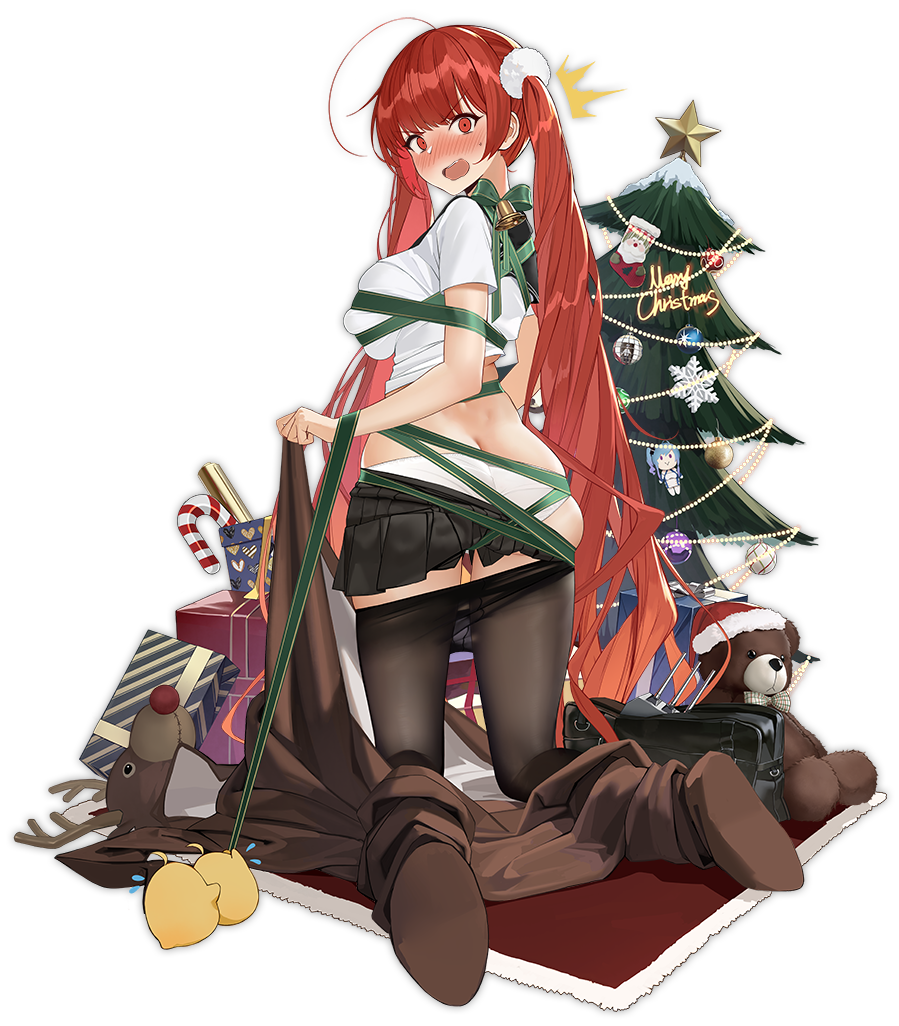 1girl absurdly_long_hair ass azur_lane bell black_legwear black_skirt blush bow candy candy_cane christmas christmas_tree eyebrows_visible_through_hair food full-face_blush full_body green_bow green_ribbon honolulu_(azur_lane) kneeling long_hair looking_at_viewer merry_christmas mole mole_under_eye mr_cloud official_art open_mouth panties pantyhose pantyhose_pull red_eyes redhead ribbon skirt snowflakes solo stuffed_animal stuffed_toy teddy_bear translated transparent_background twintails underwear very_long_hair white_panties