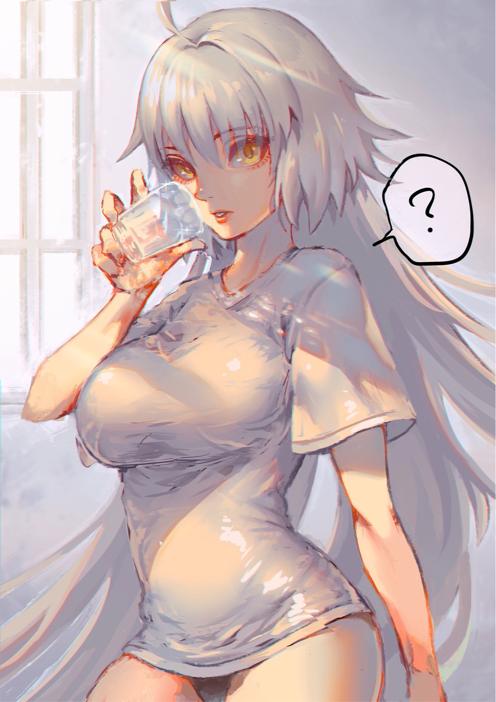 1girl ahoge bangs breasts commentary_request cowboy_shot cup day drinking_glass eyebrows_visible_through_hair fate/grand_order fate_(series) grey_background hair_between_eyes highres holding holding_cup jeanne_d'arc_(alter)_(fate) jeanne_d'arc_(fate)_(all) jigenn large_breasts light_rays long_hair panties shirt silver_hair sunbeam sunlight t-shirt underwear window yellow_eyes