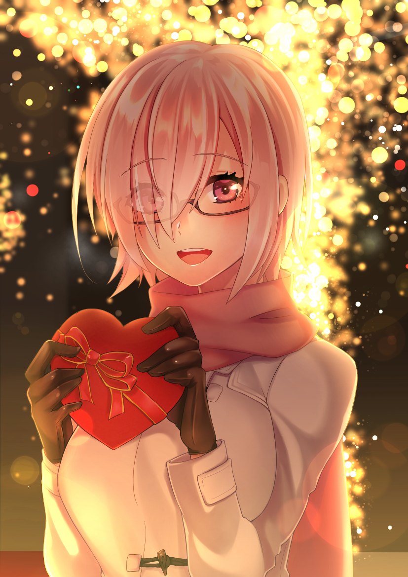 1girl :d black-framed_eyewear black_gloves blurry blurry_background blush casual coat eyebrows_visible_through_hair eyes_visible_through_hair fate/grand_order fate_(series) gift_bag gloves hair_over_one_eye holding_bow lens_flare looking_at_viewer mash_kyrielight open_mouth pink_eyes pink_hair pink_scarf romuni scarf semi-rimless_eyewear short_hair smile solo under-rim_eyewear upper_body white_coat winter_clothes winter_coat