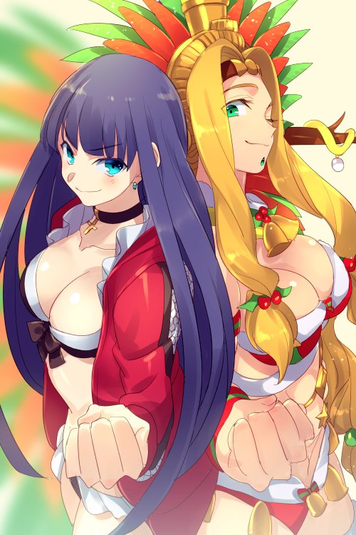 2girls bell bell_collar bikini blonde_hair blue_eyes breasts cis05 clenched_hand collar cross cross_necklace earrings fate/grand_order fate_(series) green_eyes headdress jewelry long_hair low-tied_long_hair multiple_girls necklace one_eye_closed purple_hair quetzalcoatl_(fate/grand_order) quetzalcoatl_(samba_santa)_(fate) saint_martha saint_martha_(swimsuit_ruler)_(fate) smile swimsuit