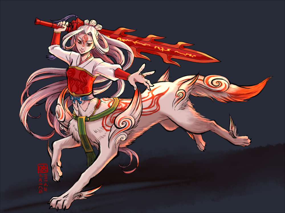 1girl amaterasu brown_eyes centauroid commentary_request facial_mark kihara_utsuru long_hair monsterification ookami_(game) ribbon solo sword tail weapon white_hair wolf_tail