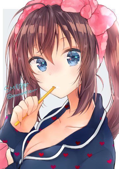 1girl ahoge bangs blue_eyes blue_pajamas breasts brown_hair brushing_teeth cleavage collarbone commentary_request copyright_name cup hairband heart heart_print hime_(peke_(xoxopeke)) holding holding_cup long_hair looking_at_viewer mug original peke_(xoxopeke) pink_hairband sidelocks solo toothpaste twintails twitter_username upper_body