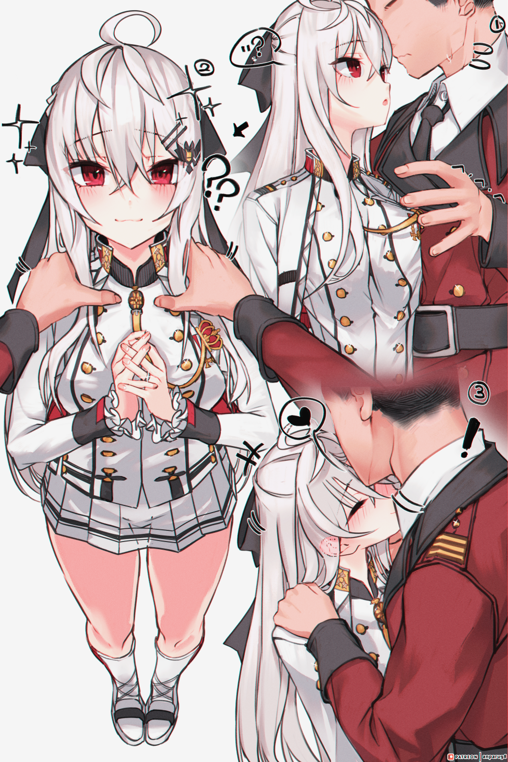 ! 1boy 1girl :3 :o =_= ? ?? ahoge anparu bangs black_neckwear black_ribbon blush breasts closed_mouth collared_shirt commander_(girls_frontline) commentary_request directional_arrow double-breasted emblem eyebrows_visible_through_hair forehead_kiss frilled_sleeves frills full_body girls_frontline glint hair_between_eyes hair_ornament hair_ribbon hairclip half_updo hands_on_another's_shoulders hands_together heart highres iws-2000_(girls_frontline) jacket jewelry kiss kneehighs korean_commentary long_hair long_sleeves medium_breasts military military_uniform miniskirt necktie open_clothes open_jacket parted_lips patreon_username pleated_skirt red_eyes red_shirt ribbon ring shirt shoes sidelocks silver_hair simple_background skirt spoken_heart spoken_question_mark standing uniform wedding_band white_background white_footwear white_jacket white_legwear white_shirt white_skirt wing_collar