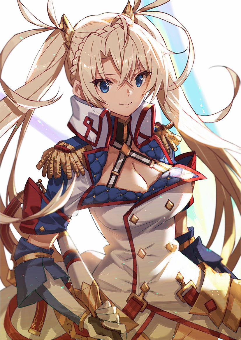 1girl bangs blonde_hair blue_eyes bradamante_(fate/grand_order) braid breasts buttons cleavage cleavage_cutout closed_mouth commentary_request elbow_gloves epaulettes fate/grand_order fate_(series) french_braid gauntlets gloves jacket large_breasts leotard long_hair looking_at_viewer popped_collar saitou_masatsugu simple_background smile solo standing twintails uniform very_long_hair weapon white_background white_gloves white_jacket