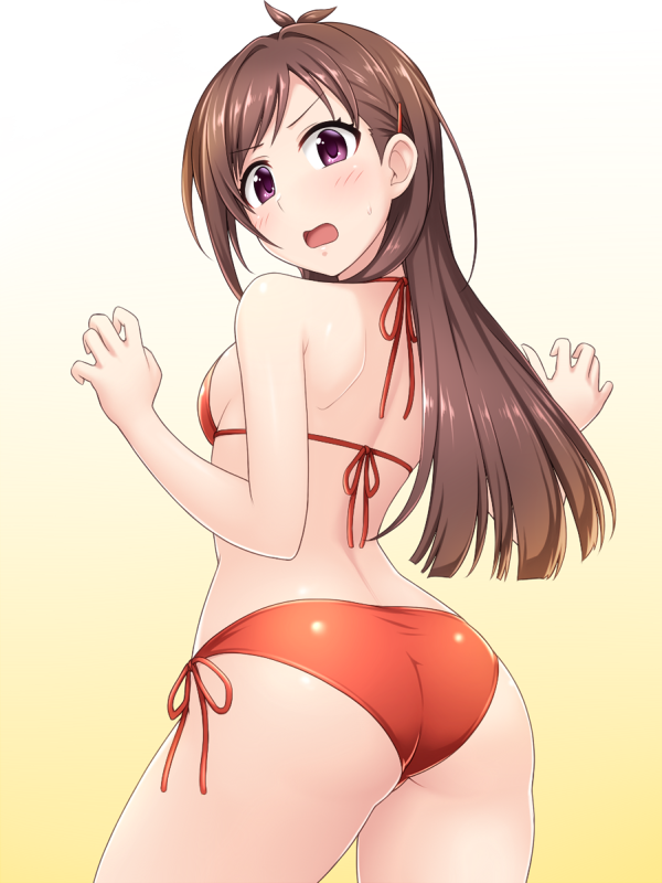 1girl ass bikini brown_eyes brown_hair cowboy_shot curled_fingers from_behind gradient gradient_background hair_ornament hairclip idolmaster idolmaster_cinderella_girls long_hair looking_at_viewer looking_back open_mouth pataniito red_bikini solo standing string_bikini swimsuit tsujino_akari white_background yellow_background