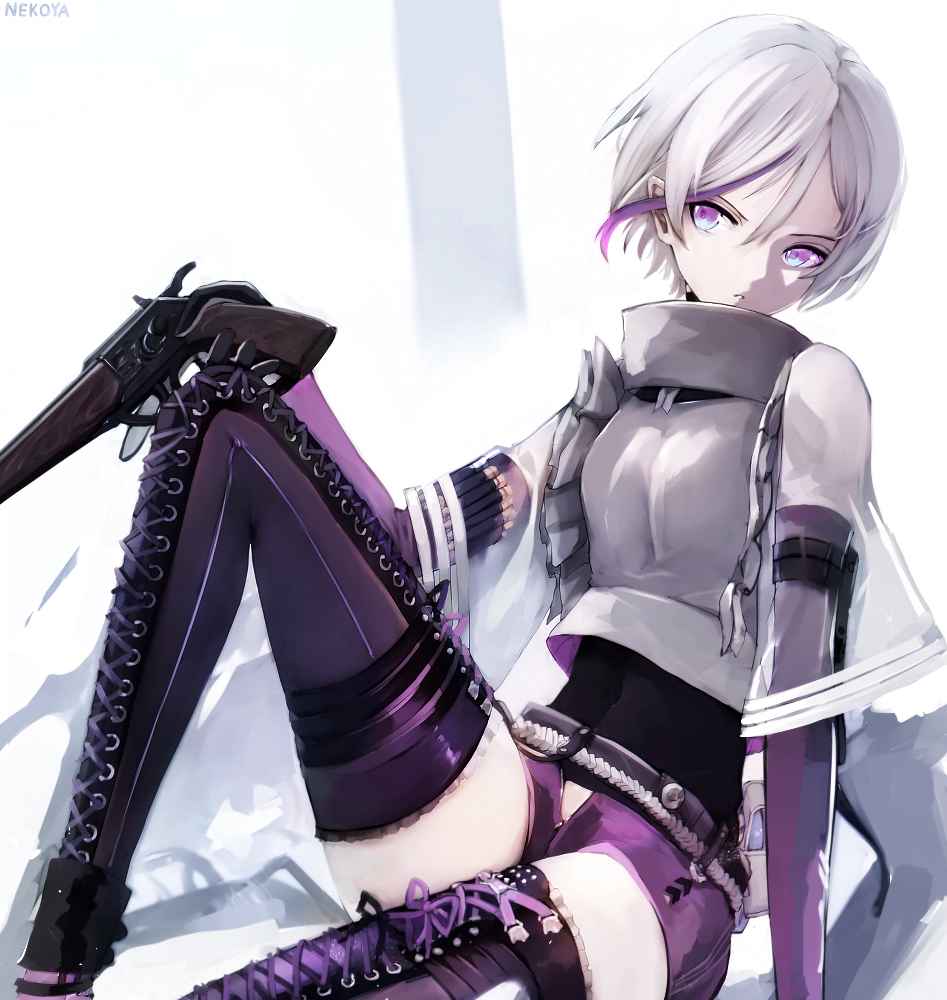 1girl arm_support artist_name bangs black_gloves blue_eyes boots breasts commentary_request dyolf eyebrows_visible_through_hair girls_frontline gloves grey_shirt gun hair_between_eyes head_tilt holding holding_gun holding_weapon knee_up multicolored_hair pink_hair purple_footwear purple_legwear purple_shorts revision shirt short_hair short_shorts shorts signature silver_hair sitting small_breasts solo streaked_hair thigh-highs thigh_boots thompson/center_contender_(girls_frontline) weapon