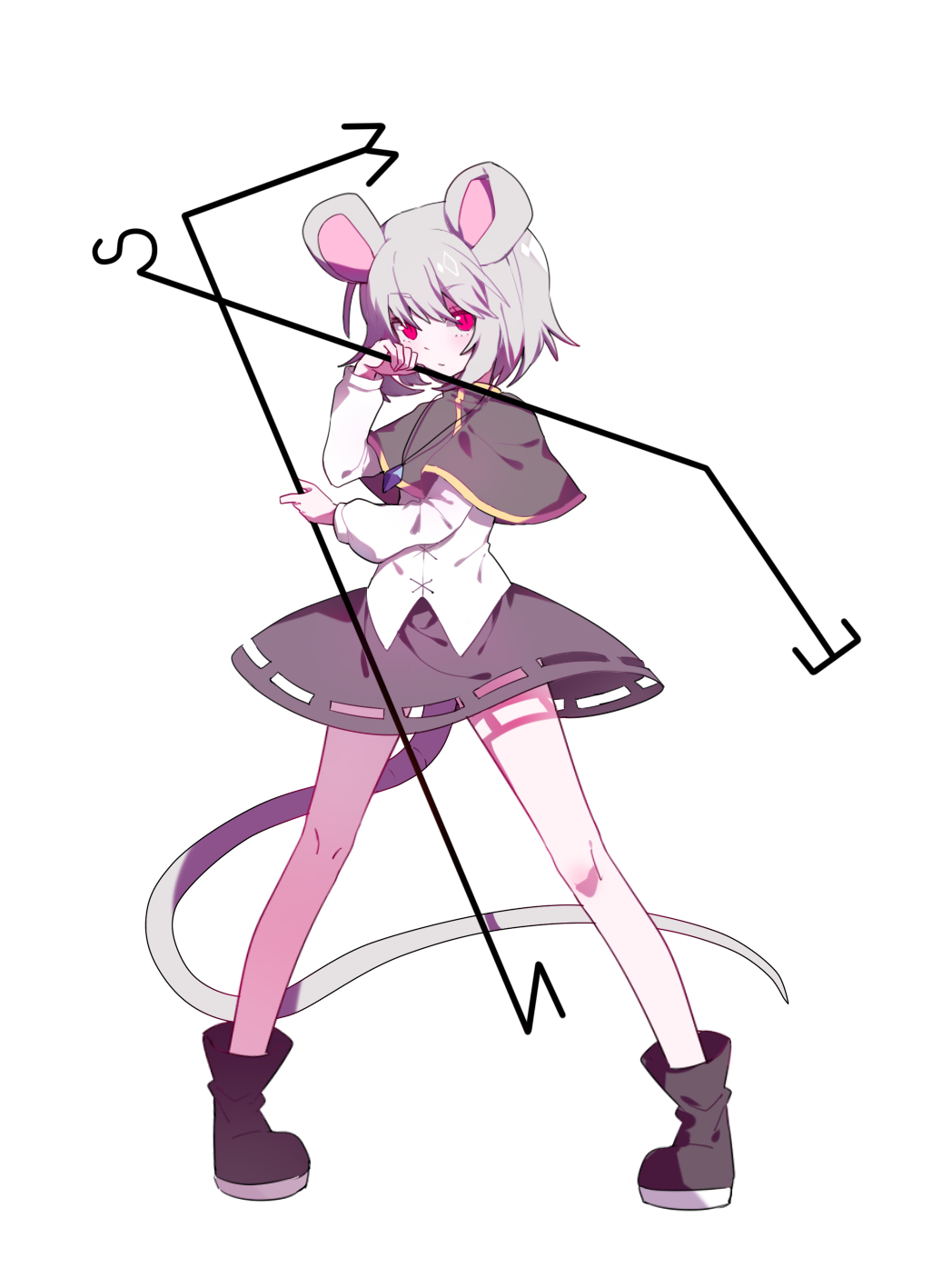 1girl animal_ears ankle_boots bangs black_footwear blouse boots capelet closed_mouth commentary_request dowsing_rod expressionless full_body gla grey_hair grey_skirt highres holding jewelry legs_apart long_sleeves looking_at_viewer miniskirt mouse_ears mouse_tail nazrin necklace no_socks pendant pigeon-toed pink_eyes short_hair skirt slit_pupils solo standing tail touhou transparent_background white_blouse