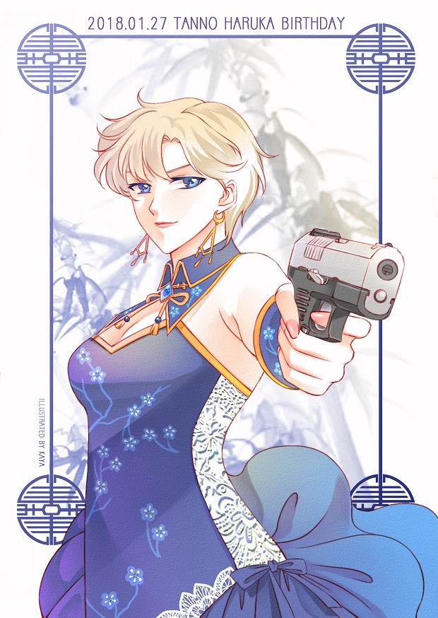 1girl artist_name bangs birthday bishoujo_senshi_sailor_moon blonde_hair blue_border blue_bow blue_dress blue_eyes border bow character_name china_dress chinese_clothes crescent crescent_earrings dated dress earrings fingernails floral_print gun holding holding_gun holding_weapon jewelry koya light_smile looking_at_viewer parted_bangs short_hair smile solo ten'ou_haruka typo upper_body very_short_hair weapon