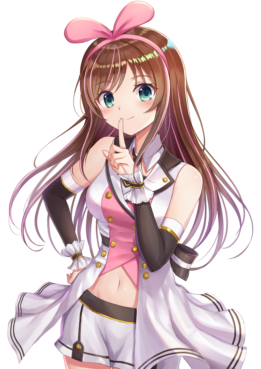 1girl a.i._channel bangs bare_shoulders black_sleeves breasts brown_hair closed_mouth commentary_request detached_sleeves eyebrows_visible_through_hair green_eyes hair_ribbon hairband hand_on_hip hand_up head_tilt highres kizuna_ai long_hair long_sleeves medium_breasts multicolored_hair navel pink_hair pink_hairband pink_ribbon ribbon seungju_lee shirt short_shorts shorts simple_background sleeveless sleeveless_shirt smile solo streaked_hair very_long_hair virtual_youtuber white_background white_shirt white_shorts