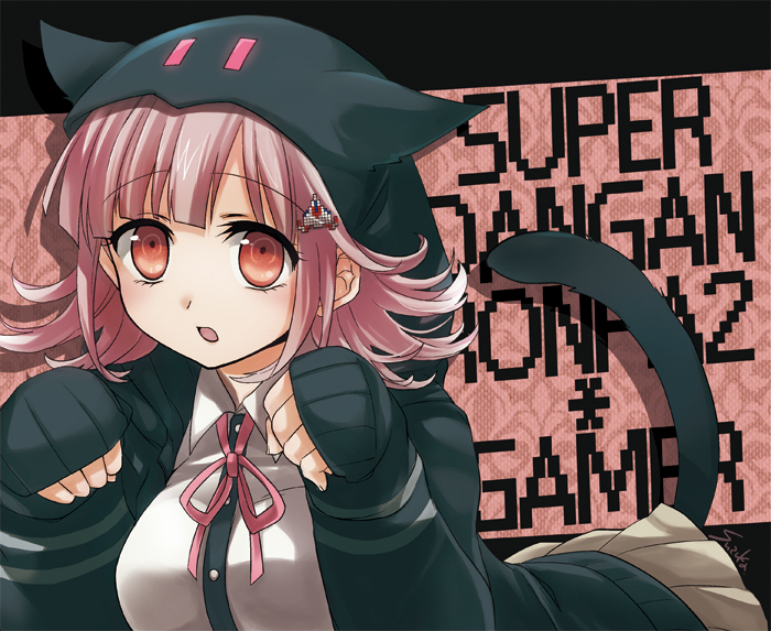 1girl animal_ears bangs bent_over black_hoodie breasts brown_skirt cat_ears cat_tail commentary_request dangan_ronpa dot_eyes ears eyebrows_visible_through_hair flipped_hair game hair_ornament hairclip hood hoodie light_brown_eyes looking_at_viewer medium_breasts nanami_chiaki open_mouth out_of_frame pink_eyes pink_hair pink_ribbon pleated_skirt ribbon short_hair skirt solo super_dangan_ronpa_2 suzuka_(rekkyo) tail