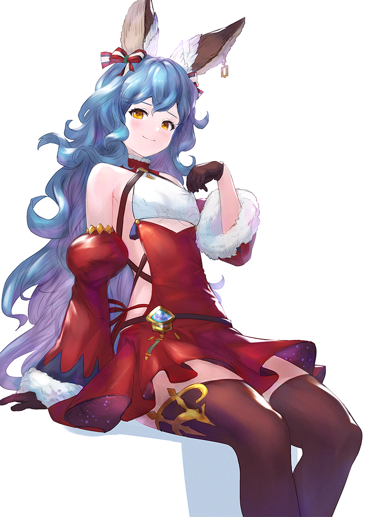 1girl animal_ears arm_support bangs bare_shoulders blue_hair blush bow breasts brown_eyes brown_gloves brown_legwear christmas closed_mouth commentary_request detached_sleeves dress ear_piercing erune feet_out_of_frame ferry_(granblue_fantasy) fur-trimmed_sleeves fur_trim gloves gradient_hair granblue_fantasy hair_between_eyes hair_bow hand_up juliet_sleeves long_hair long_sleeves looking_at_viewer multicolored_hair piercing puffy_sleeves purple_hair red_dress red_sleeves shadow sitting sleeveless sleeveless_dress sleeves_past_wrists small_breasts smile solo striped striped_bow thigh-highs very_long_hair wasabi60 wavy_hair white_background wide_sleeves