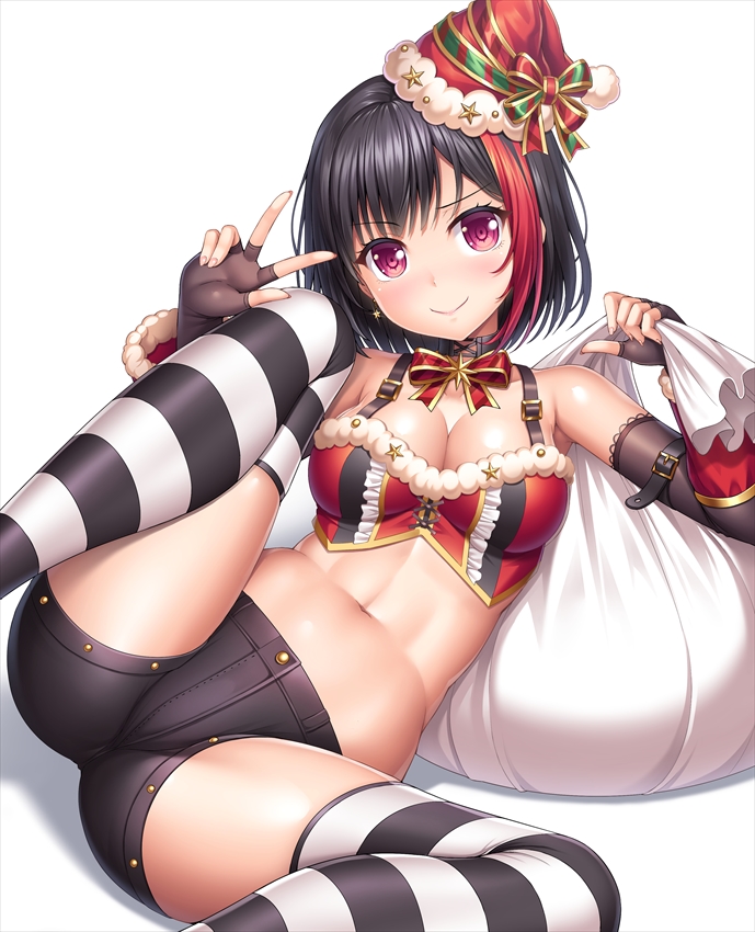 1girl arm_warmers armpits ass bang_dream! bangs bare_shoulders black_choker black_gloves black_hair black_shorts blush bow bowtie breasts buttons choker cleavage closed_mouth collarbone commentary_request crop_top earrings elbow_gloves eyebrows_visible_through_hair feet_out_of_frame fingerless_gloves glint gloves gold_trim hands_up hat holding holding_sack jewelry knee_up lace lace-trimmed_gloves lambda_(kusowarota) looking_at_viewer medium_breasts midriff mitake_ran multicolored_hair navel reclining red_eyes red_hat red_neckwear red_shirt redhead sack santa_hat shadow shirt short_hair short_shorts shorts sidelocks simple_background sleeveless sleeveless_shirt smile solo star star_earrings stomach streaked_hair striped striped_legwear thigh-highs thighs w white_background white_legwear