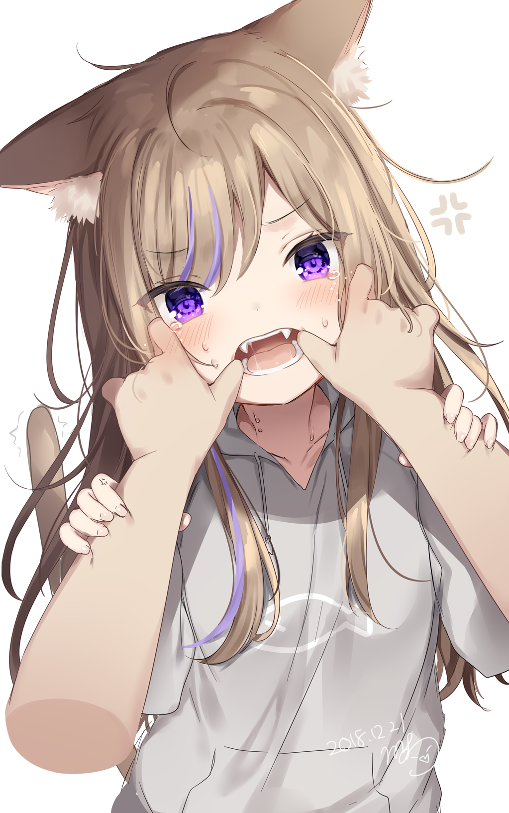 1girl anger_vein animal_ear_fluff animal_ears bangs blush cat_ears cat_girl cat_tail collarbone commentary_request dated disembodied_limb eyebrows_visible_through_hair fangs finger_in_another's_mouth fingernails grey_hoodie hair_between_eyes highres hood hood_down hoodie light_brown_hair long_hair looking_at_viewer mafuyu_(chibi21) multicolored_hair open_mouth original purple_hair signature simple_background solo_focus streaked_hair sweat tail tail_raised tears very_long_hair violet_eyes white_background