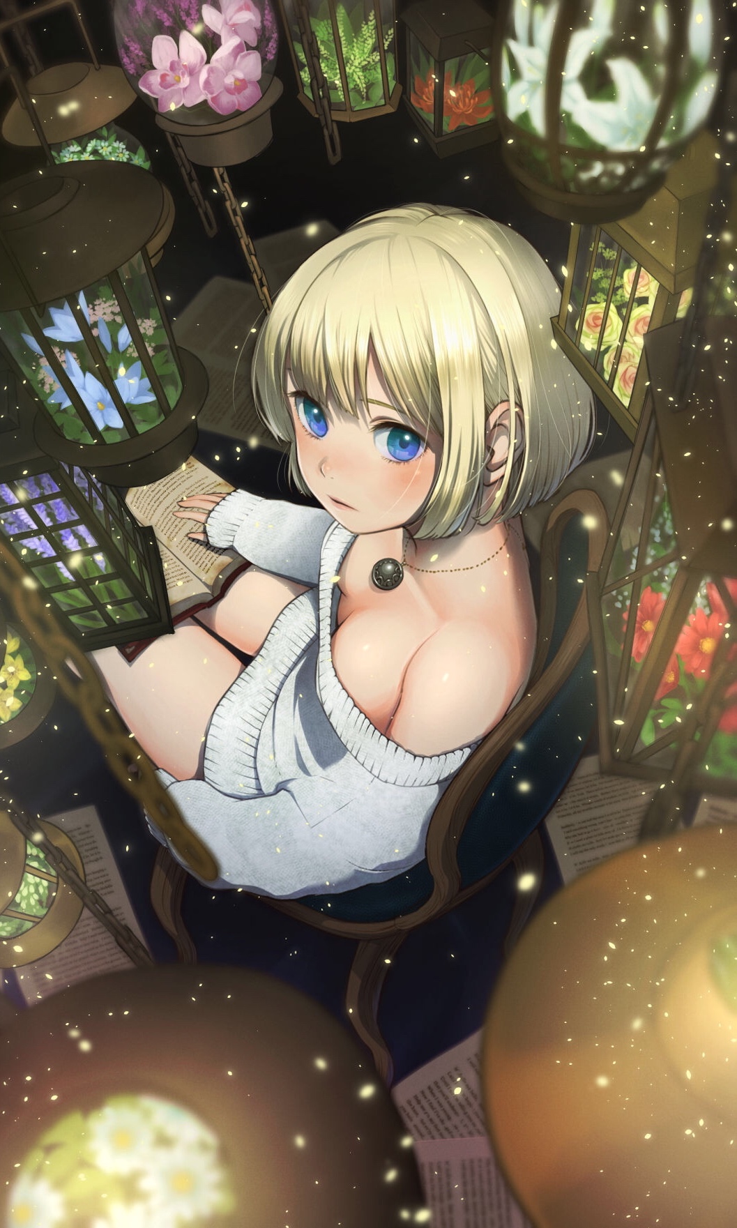 1girl birdcage blonde_hair blue_eyes blurry blush book breasts cage closed_mouth commentary_request depth_of_field flower from_above highres jewelry kalua medium_breasts necklace off_shoulder open_book original paper short_hair sitting sleeves_past_wrists solo sweater white_sweater