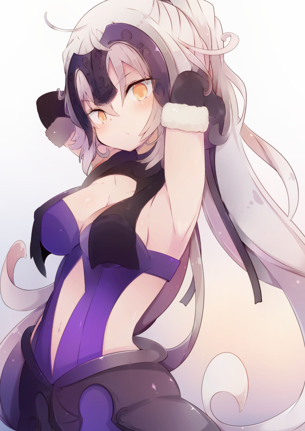 1girl armpits arms_up bangs bare_shoulders beni_shake black_gloves blush breasts brown_background cleavage closed_mouth collarbone commentary_request elbow_gloves eyebrows_visible_through_hair fate/grand_order fate_(series) fur-trimmed_gloves fur_trim gloves gradient gradient_background hair_between_eyes head_tilt headpiece high_ponytail jeanne_d'arc_(alter)_(fate) jeanne_d'arc_(fate)_(all) leotard long_hair looking_at_viewer medium_breasts orange_eyes ponytail purple_leotard silver_hair solo very_long_hair white_background