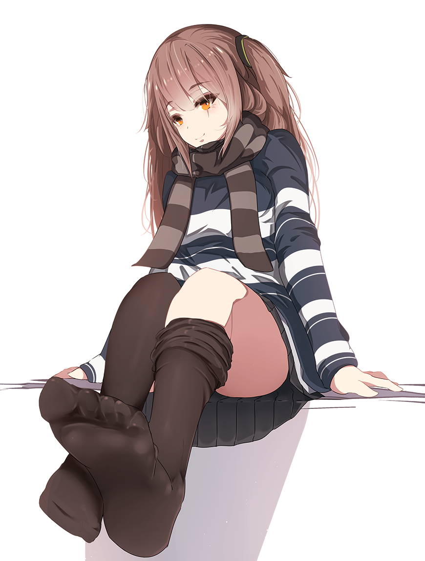 1girl alternate_costume arm_support arms_at_sides asymmetrical_legwear bangs breasts brown_scarf closed_mouth commentary_request eyebrows_visible_through_hair feet full_body girls_frontline katuo1129 legs light_brown_eyes light_brown_hair long_hair long_sleeves looking_at_viewer no_shoes one_side_up pale_skin pov_feet scar scar_across_eye scarf shadow shiny shiny_hair shirt simple_background sitting skirt small_breasts smile soles solo striped striped_scarf striped_shirt thigh-highs thighhighs_pull toe_scrunch toes tsurime ump45_(girls_frontline) white_background