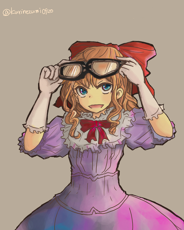 1girl anrietta_rochefort arc_the_lad arc_the_lad_iii blue_eyes brown_hair commentary_request curly_hair dress glasses gloves long_hair looking_at_viewer ribbon smile solo