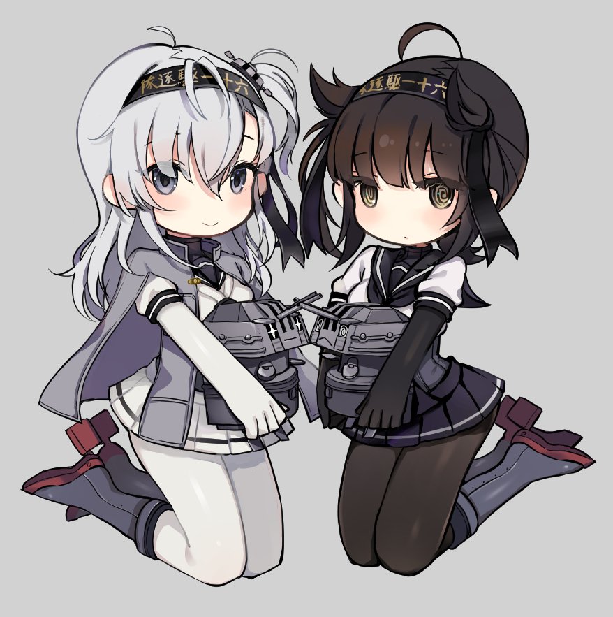 2girls @_@ anchor_symbol black_bodysuit black_hair black_headband black_sailor_collar black_skirt bodysuit brown_eyes chou-10cm-hou-chan_(suzutsuki's) clothes_writing commentary_request full_body grey_background grey_jacket hachimaki hair_between_eyes hair_flaps hairband hatsuzuki_(kantai_collection) headband jacket kantai_collection long_hair miniskirt multiple_girls neckerchief one_side_up oniku_(oishii_oniku) pleated_skirt sailor_collar school_uniform serafuku short_hair silver_hair simple_background skirt suzutsuki_(kantai_collection) white_bodysuit white_neckwear white_skirt