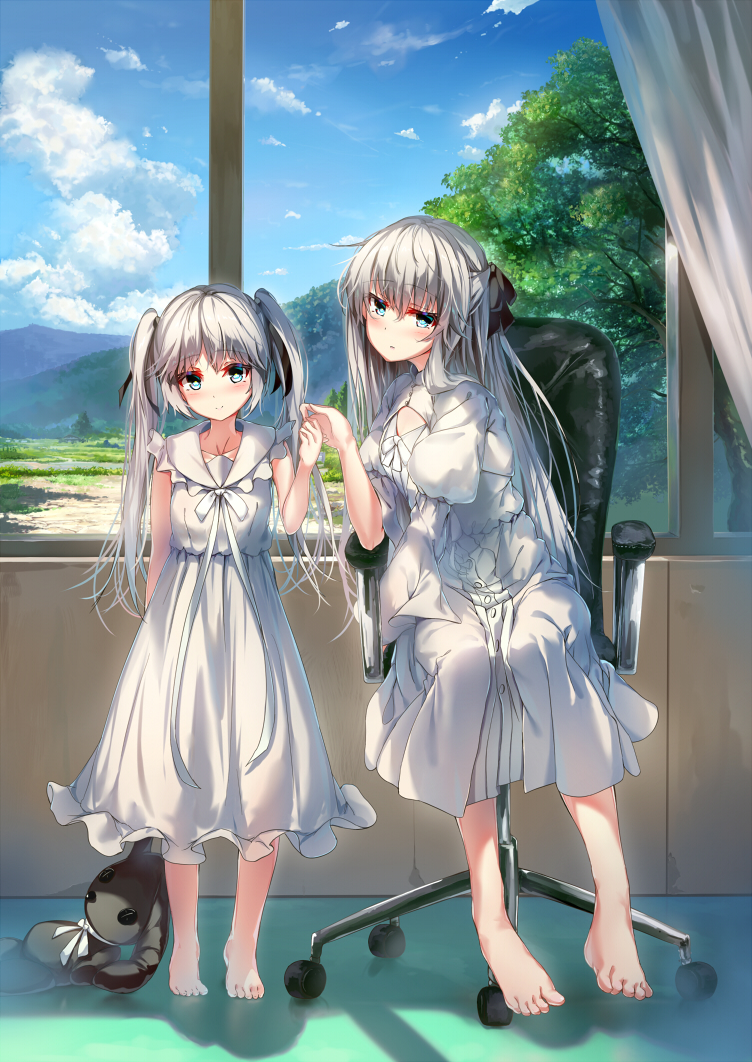 2girls aqua_eyes bangs bare_arms bare_shoulders barefoot black_ribbon blue_sky blush buttons chair closed_mouth clouds cloudy_sky collarbone collared_dress commentary_request day dress eyebrows_visible_through_hair frilled_dress frills full_body hair_between_eyes hair_ribbon half_updo hand_holding hand_up head_tilt indoors juliet_sleeves kasugano_sora long_dress long_hair long_sleeves looking_at_viewer mountain multiple_girls office_chair puffy_sleeves ribbon sidelocks silver_hair sitting sky sleeveless sleeveless_dress smile standing stuffed_animal stuffed_bunny stuffed_toy tree twintails white_dress white_ribbon wingheart yosuga_no_sora