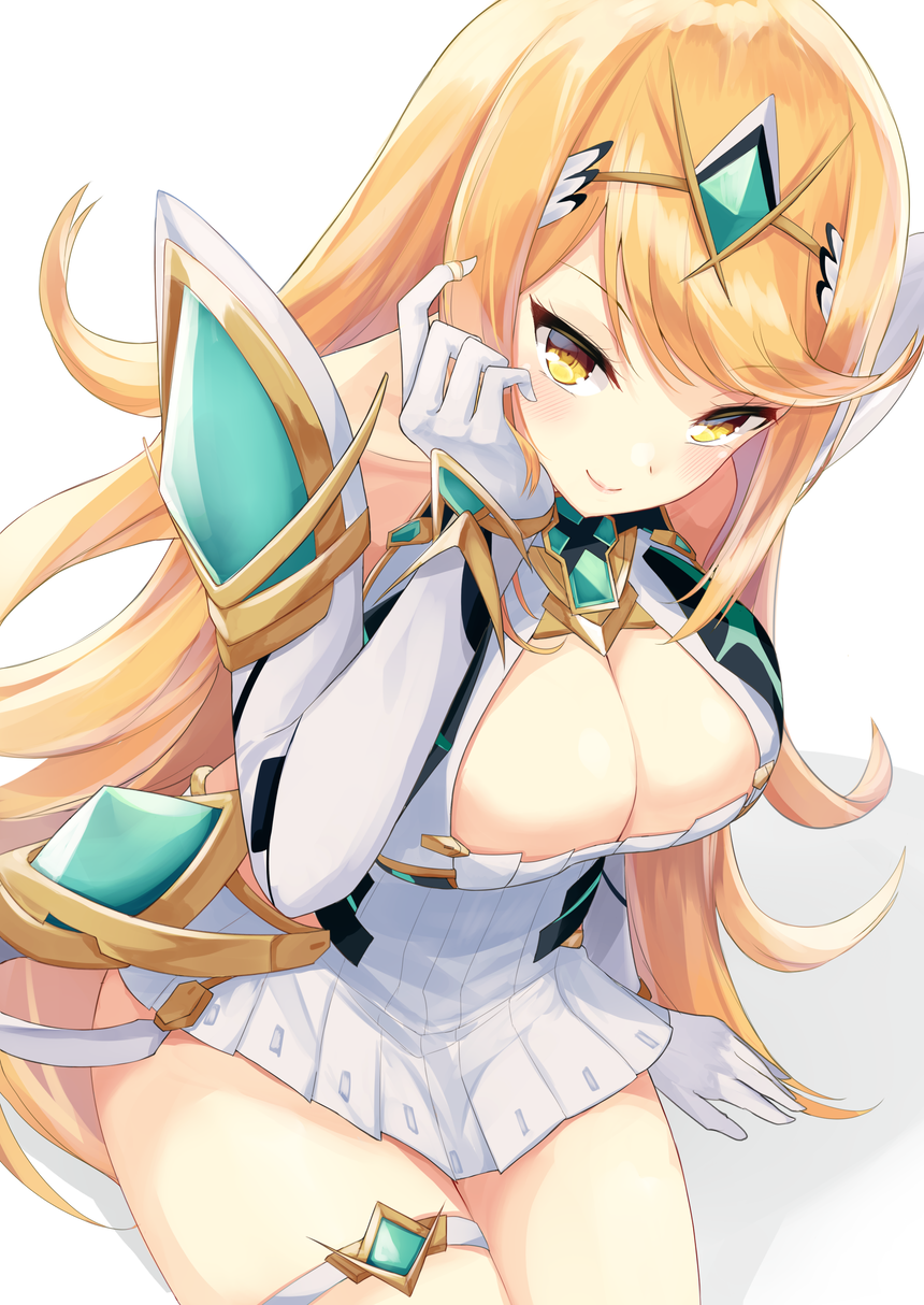 1girl arm_support bangs blonde_hair blush breasts cleavage collarbone commentary_request cowboy_shot dress eyebrows_visible_through_hair gloves hand_up highres mythra_(xenoblade) igakusei jewelry large_breasts long_hair looking_at_viewer nintendo ring shadow short_dress simple_background sitting smile solo swept_bangs thigh_strap thighs tiara very_long_hair white_dress white_gloves xenoblade_(series) xenoblade_2 yellow_background yellow_eyes