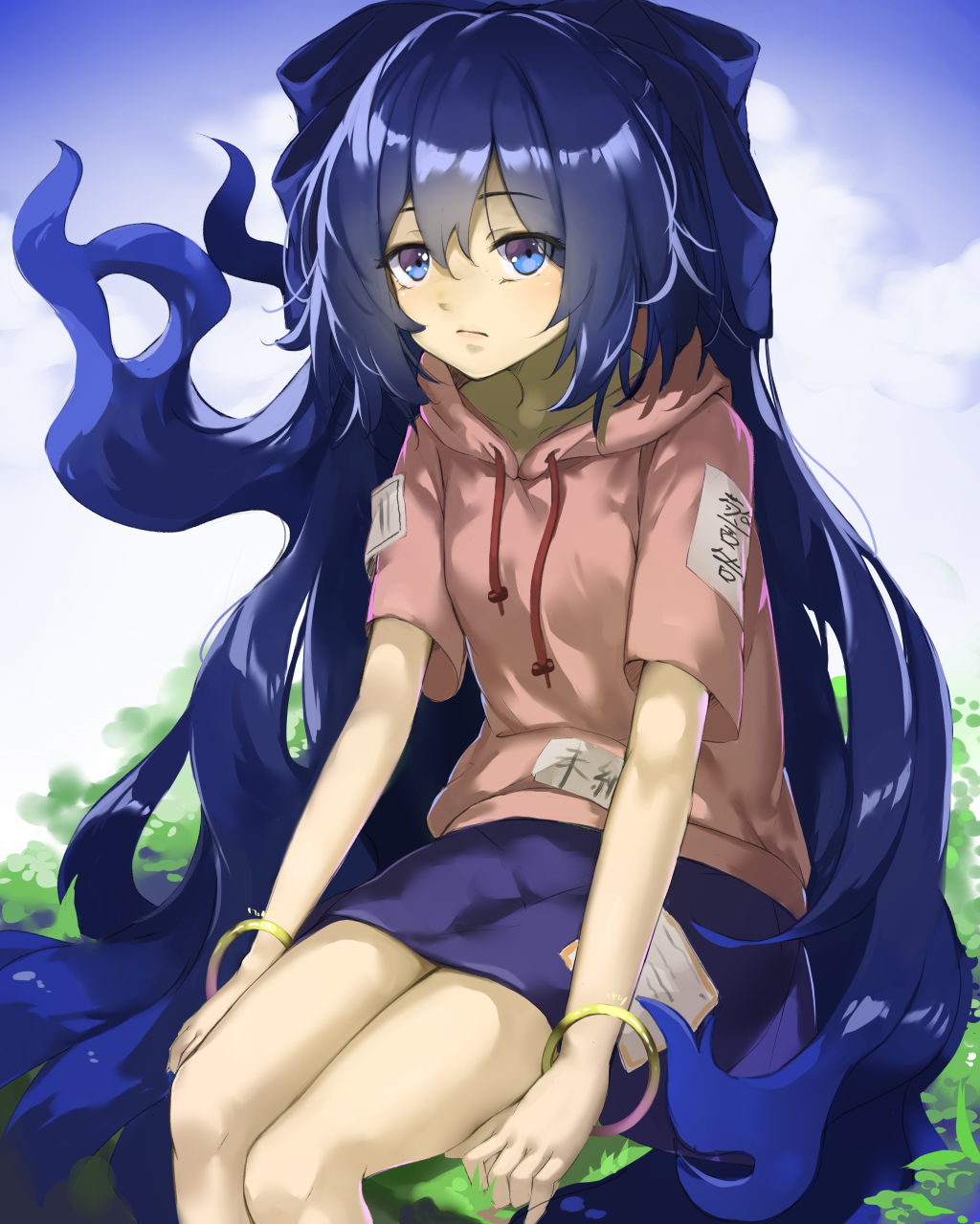 1girl :/ absurdly_long_hair bangle blue_eyes blue_hair blue_skirt blue_sky bow bracelet breasts clouds collarbone cropped_legs day debt drawstring expressionless eyebrows_visible_through_hair grass hair_between_eyes hair_bow highres hood hood_down hoodie jewelry legs_together long_hair looking_at_viewer on_grass on_ground outdoors pink_hoodie piyodesu shiny shiny_hair short_sleeves sitting skirt sky small_breasts solo touhou very_long_hair yorigami_shion