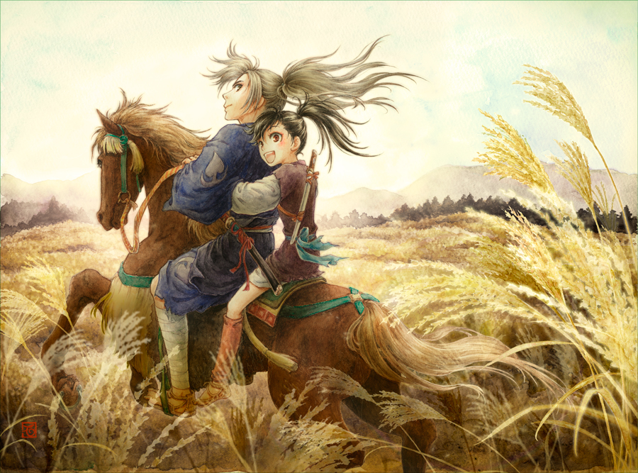 1boy 1other :d androgynous bandage bandaged_leg bandages black_hair calligraphy_brush_(medium) closed_mouth commentary_request day dororo_(character) dororo_(tezuka) field from_behind grey_hair holding holding_reins horse horseback_riding hug hug_from_behind hyakkimaru_(dororo) japanese_clothes kimono leg_warmers long_hair long_sleeves looking_at_viewer looking_back mixed_media momomori mountain open_mouth outdoors ponytail profile red_eyes reins riding sandals sheath sheathed sky smile susuki_grass traditional_media waraji watercolor_(medium) wide_sleeves
