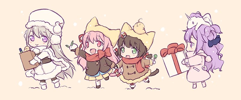 4girls animal_hat azur_lane bag bangs belt bird black_coat black_hair blush box brown_cat cape cat_hat chibi chick chick_on_head christmas commentary_request earmuffs enterprise_(azur_lane) enterprise_(reindeer_master)_(azur_lane) full_body fur-trimmed_cape fur_trim gift gift_box gloves green_eyes grey_hair hair_ribbon hand_holding hat holding holding_bag holding_box innertube_hair_ornament kisaragi_(azur_lane) long_hair long_sleeves looking_at_another looking_at_viewer minakami_rinka multiple_girls mutsuki_(azur_lane) object_on_head one_side_up paper_bag pink_coat pink_eyes pink_hair purple_hair red_ribbon red_scarf ribbon scarf side_bun skirt smile snow_bunny snowing stuffed_unicorn twintails unicorn_(azur_lane) violet_eyes white_cape white_coat white_hat winter winter_clothes yellow_hat yellow_skirt