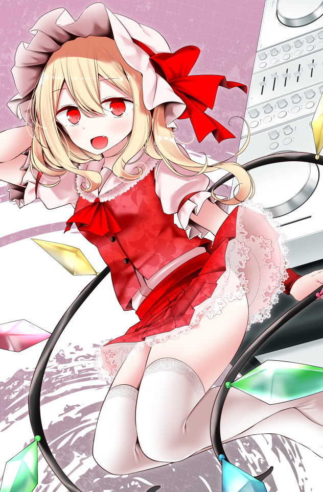 1girl arm_up ascot blonde_hair buttons commentary_request crystal eyebrows_visible_through_hair fang flandre_scarlet hair_between_eyes hat hat_ribbon laevatein long_hair looking_at_viewer miniskirt mob_cap oouso open_mouth puffy_short_sleeves puffy_sleeves red_eyes red_neckwear red_ribbon red_skirt red_vest ribbon short_sleeves skirt skirt_set slit_pupils smile solo thigh-highs touhou vest white_legwear wings wrist_cuffs