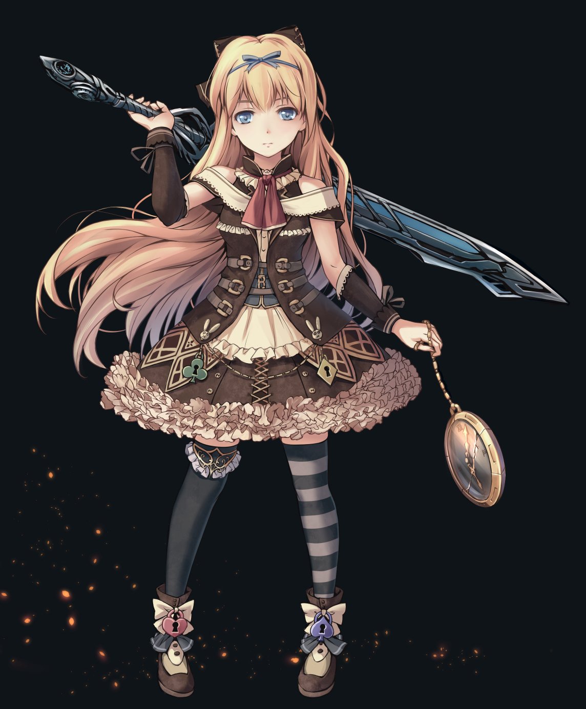 1girl arm_guards ascot bare_shoulders black_background black_legwear blonde_hair blue_eyes bow buckle buttons club_(shape) commentary cravat diamond_(shape) dress embers expressionless frilled_dress frills full_body hair_bow hair_ribbon heart heart-shaped_lock highres holding holding_pocket_watch holding_sword holding_weapon long_hair looking_at_viewer mismatched_legwear original over_shoulder pocket_watch ribbon shoes solo soraizumi spade_(shape) standing striped striped_legwear sword sword_over_shoulder thigh-highs very_long_hair watch weapon weapon_over_shoulder zettai_ryouiki